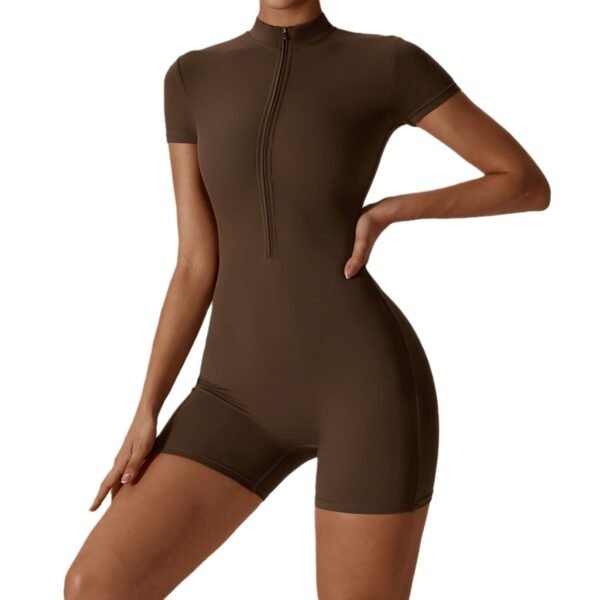 Short Leg and Sleeve Jumpsuit. Brown