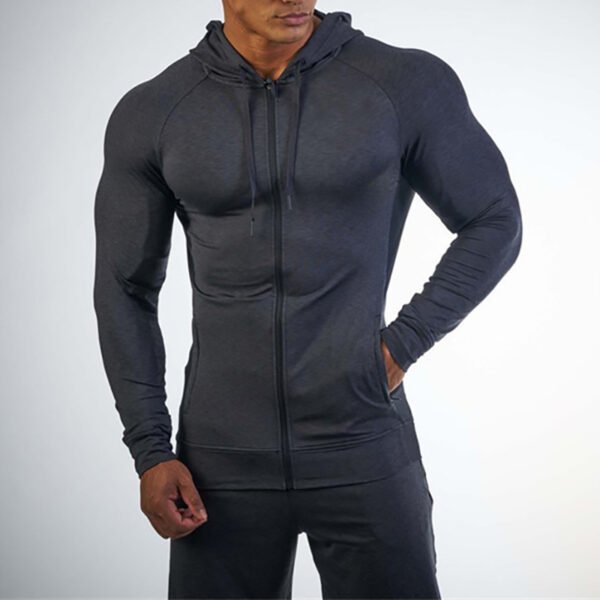 Light Grey Men's Tight Fit Fitness Hoodie with Zip Front